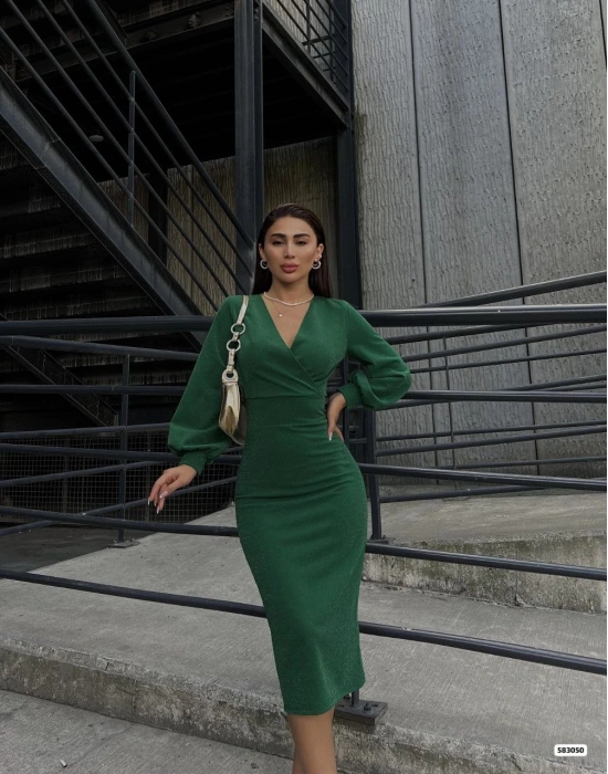 Kadın Kruvaze Yaka Balon Kol imli Krep Kumaş idi Boy Elbise