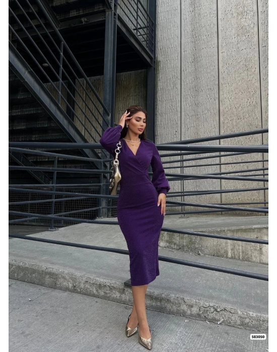 Kadın Kruvaze Yaka Balon Kol imli Krep Kumaş idi Boy Elbise