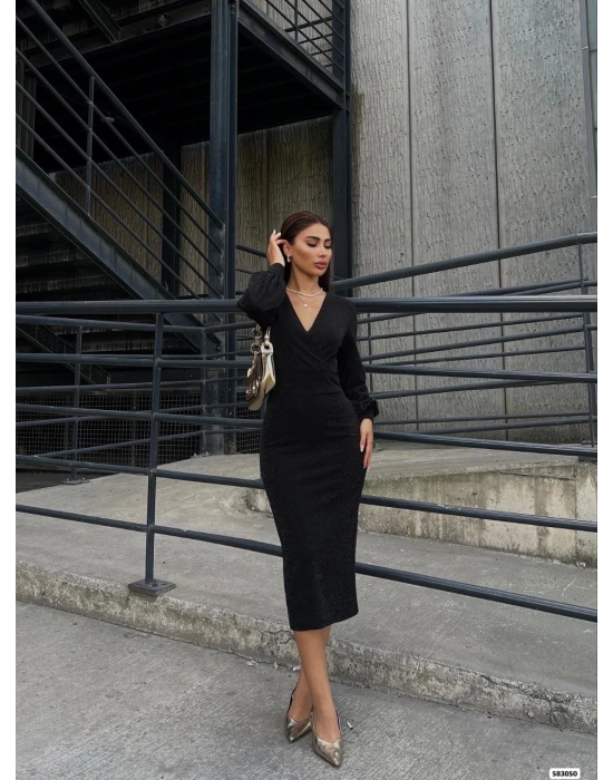 Kadın Kruvaze Yaka Balon Kol imli Krep Kumaş idi Boy Elbise