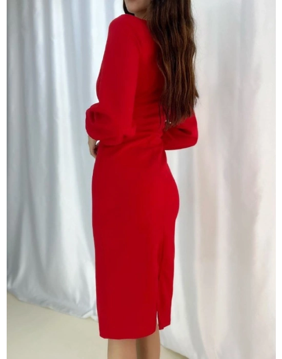 Kadın Kruvaze Yaka Balon Kol Midi Boy Elbise