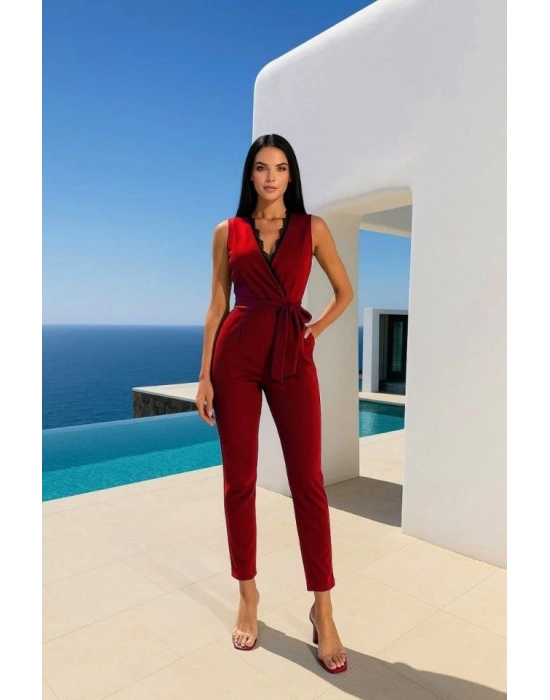 Kadın Kruvaze Yaka Dantel Güpür Ve Kuşak Detay Tulum