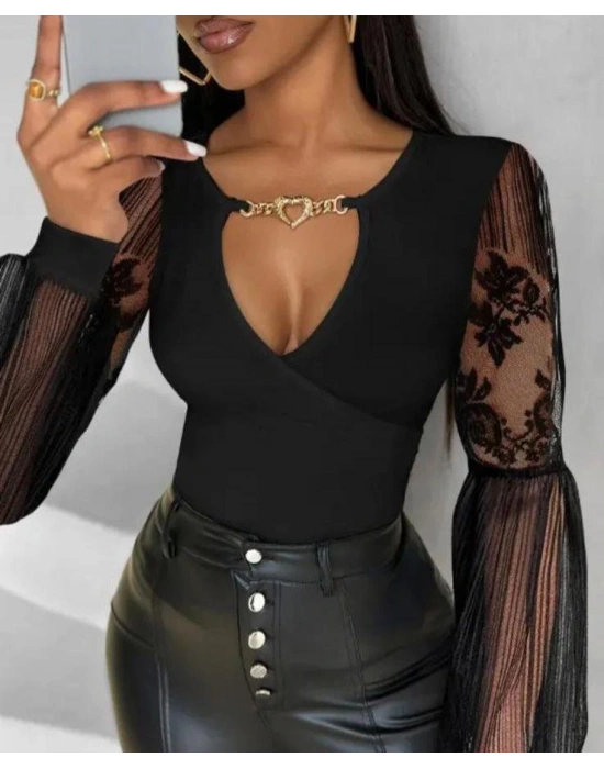 Kadın Kruvaze Yaka Derin Dekolteli Kolları Tül Detay Fırsat ürün Bluz
