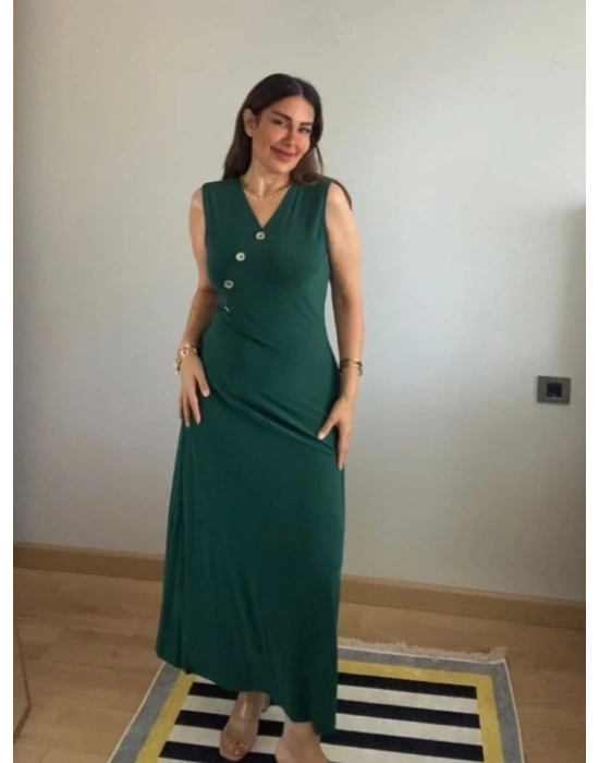 Kadın Kruvaze Yaka Düğme Detay Maxi Boy Elbise