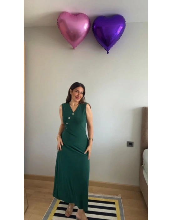 Kadın Kruvaze Yaka Düğme Detay Maxi Boy Elbise