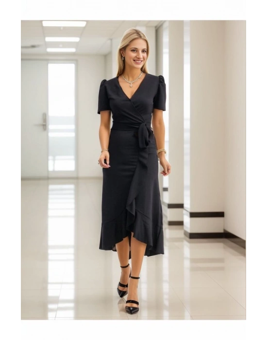 Kadın Kruvaze Yaka idi Boy Kuşaklı Krep Elbise 120 Cm