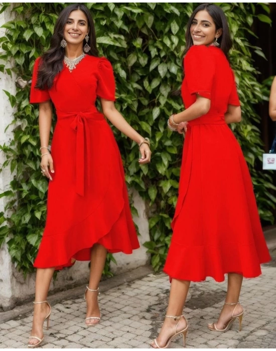 Kadın Kruvaze Yaka idi Boy Kuşaklı Krep Elbise 120 Cm