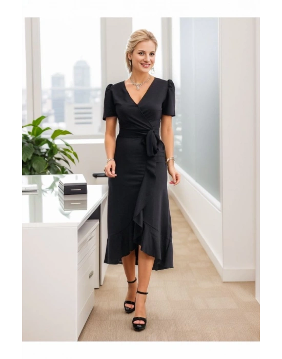 Kadın Kruvaze Yaka idi Boy Kuşaklı Krep Elbise 120 Cm