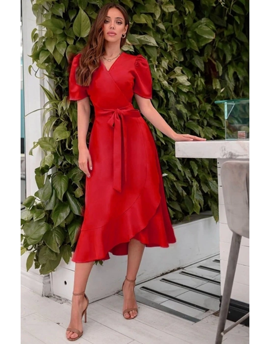 Kadın Kruvaze Yaka idi Boy Kuşaklı Krep Elbise 120 Cm