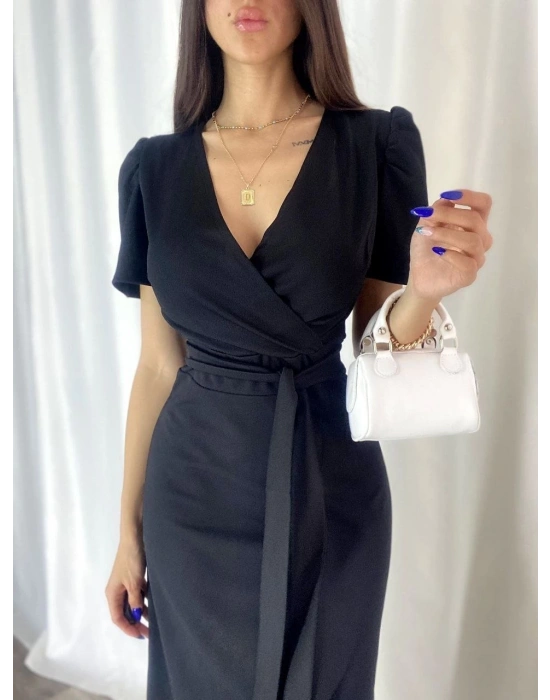 Kadın Kruvaze Yaka idi Boy Kuşaklı Krep Elbise 120 Cm