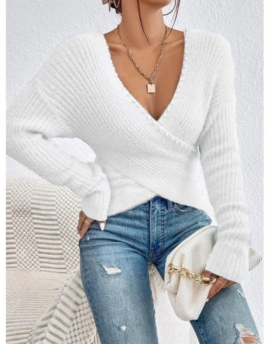 Kadın Kruvaze Yaka Inci Detaylı Bluz