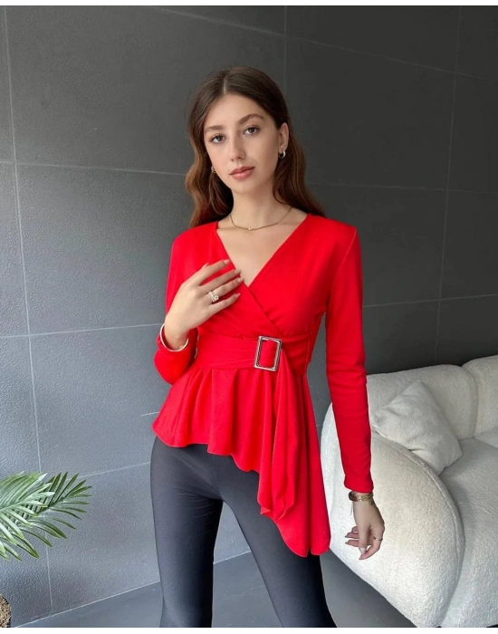 Kadın Kruvaze Yaka Kemer Detay Asimetrik Kesim Bluz