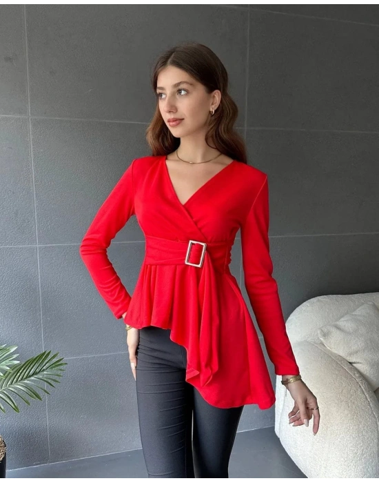 Kadın Kruvaze Yaka Kemer Detay Asimetrik Kesim Bluz