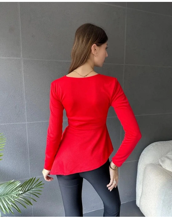 Kadın Kruvaze Yaka Kemer Detay Asimetrik Kesim Bluz