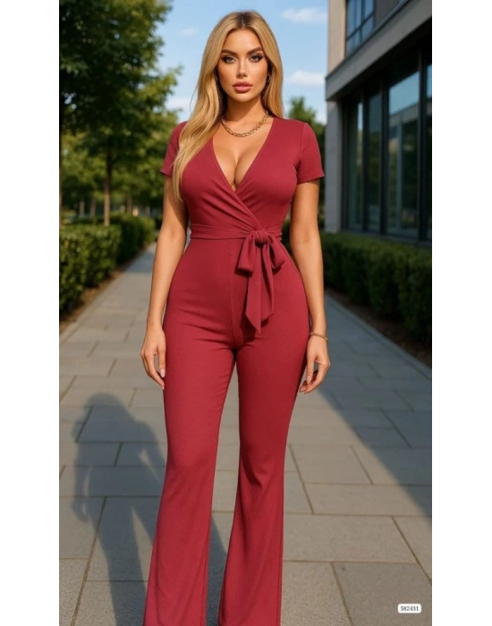 Kadın Kruvaze Yaka Kısa Kollu Kuşaklı Tulum