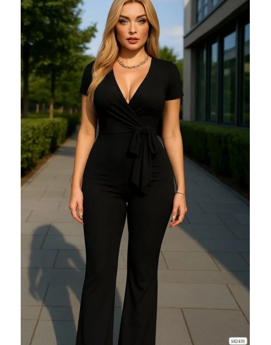 Kadın Kruvaze Yaka Kısa Kollu Kuşaklı Tulum