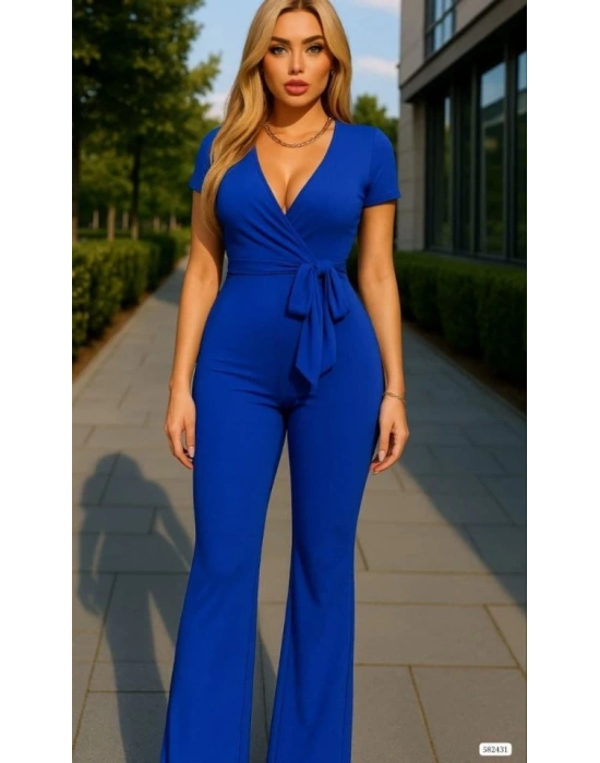 Kadın Kruvaze Yaka Kısa Kollu Kuşaklı Tulum