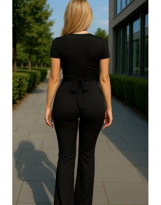 Kadın Kruvaze Yaka Kısa Kollu Kuşaklı Tulum