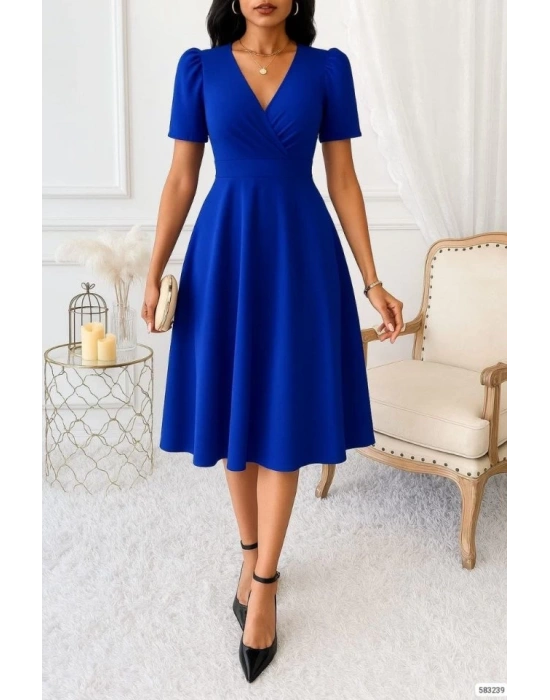 Kadın Kruvaze Yaka Kısa Kollu Midi Boy Krep Kumaş Elbise