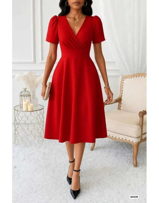 Kadın Kruvaze Yaka Kısa Kollu Midi Boy Krep Kumaş Elbise