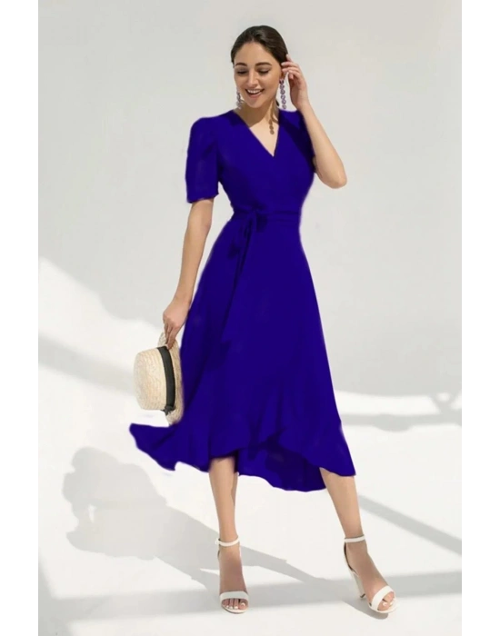 Kadın Kruvaze Yaka Midi Boy Kuşaklı Krep Elbise 120 Cm