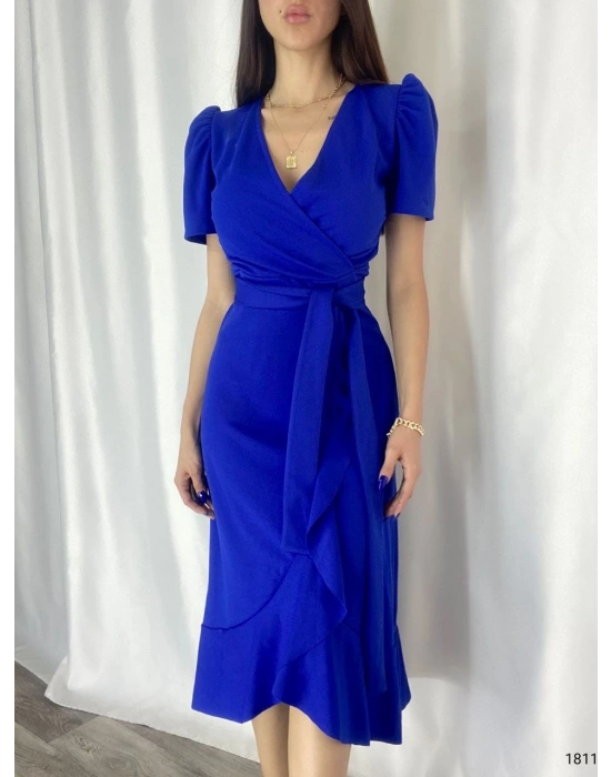 Kadın Kruvaze Yaka Midi Boy Kuşaklı Krep Elbise 120 Cm