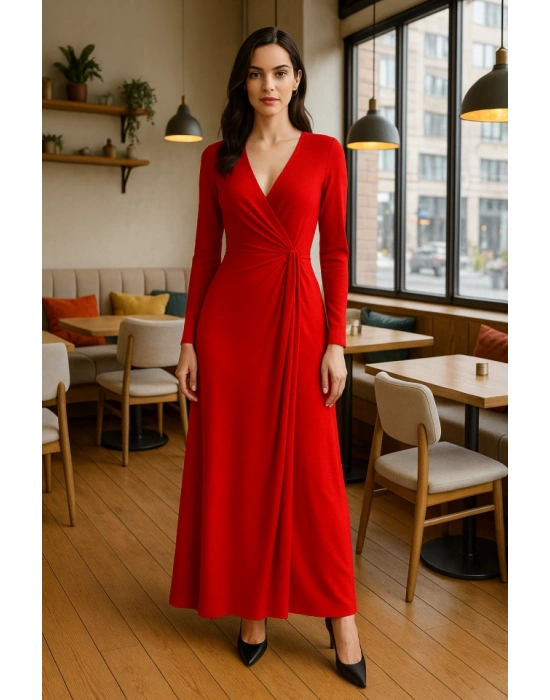 Kadın Kruvaze Yaka Toka Detay Maxi Boy Elbise