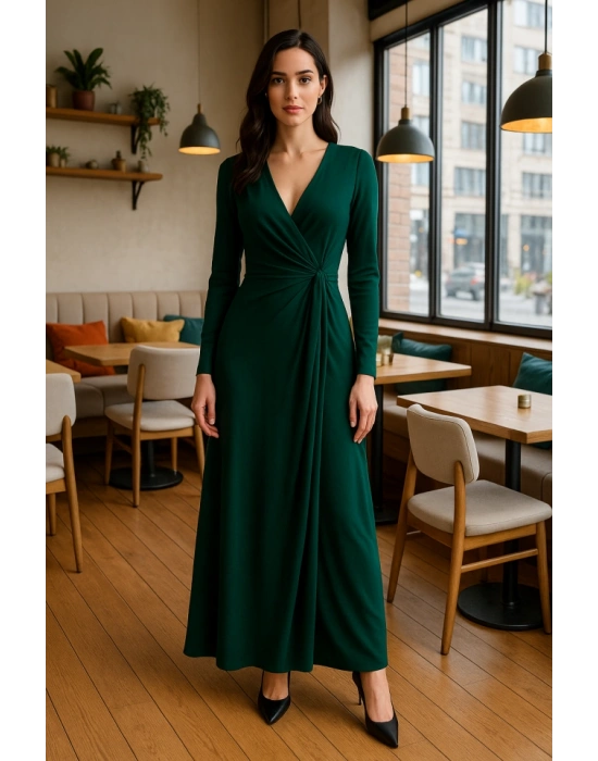 Kadın Kruvaze Yaka Toka Detay Maxi Boy Elbise