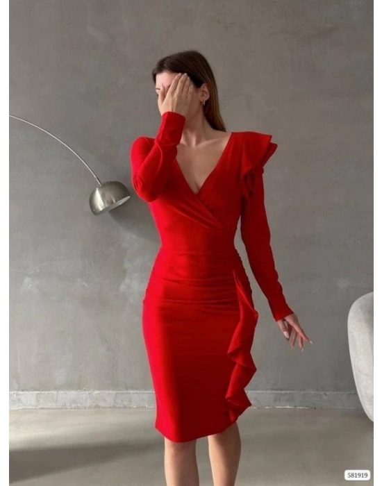 Kadın Kruvaze Yaka Volan Detay Midi Boy Fırsat ürün Elbise