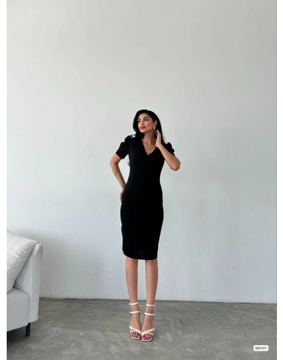 Kadın Kruvaze Yaka Yandan Yırtmaç Detaylı cuba Krep Kumaş Midi Boy Elbise