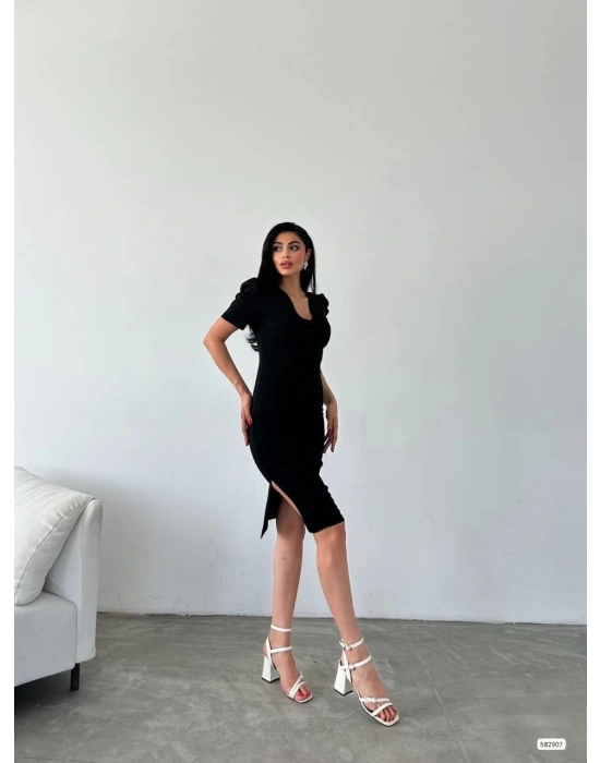 Kadın Kruvaze Yaka Yandan Yırtmaç Detaylı cuba Krep Kumaş Midi Boy Elbise