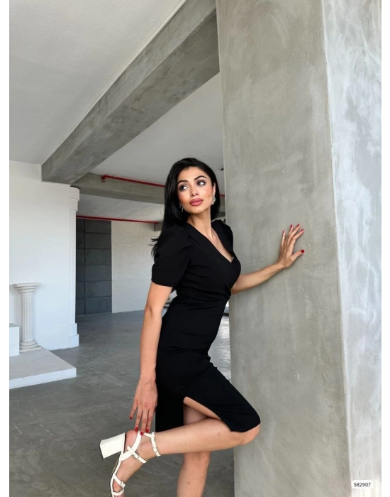 Kadın Kruvaze Yaka Yandan Yırtmaç Detaylı cuba Krep Kumaş Midi Boy Elbise