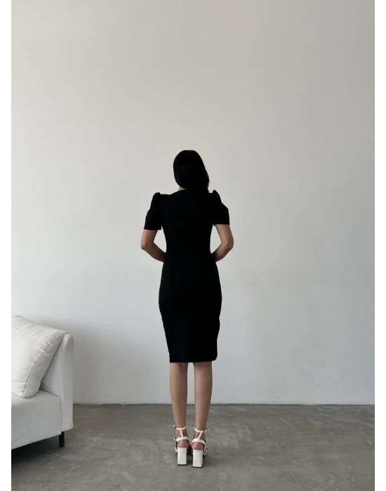 Kadın Kruvaze Yaka Yandan Yırtmaç Detaylı cuba Krep Kumaş Midi Boy Elbise