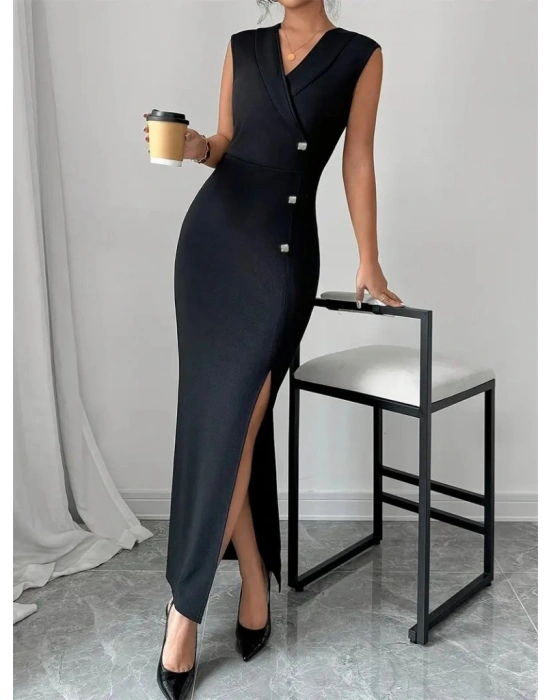 Kadın Kruvaze Yakalı Yandan Düğmeli Yırtmaç Detaylı Uzun Ithal Krep Elbise