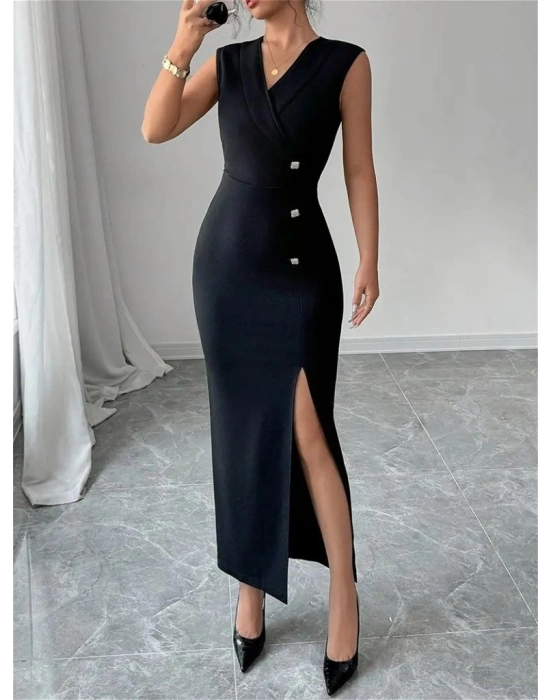 Kadın Kruvaze Yakalı Yandan Düğmeli Yırtmaç Detaylı Uzun Ithal Krep Elbise