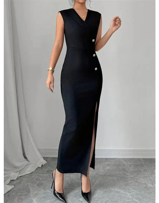 Kadın Kruvaze Yakalı Yandan Düğmeli Yırtmaç Detaylı Uzun Ithal Krep Elbise