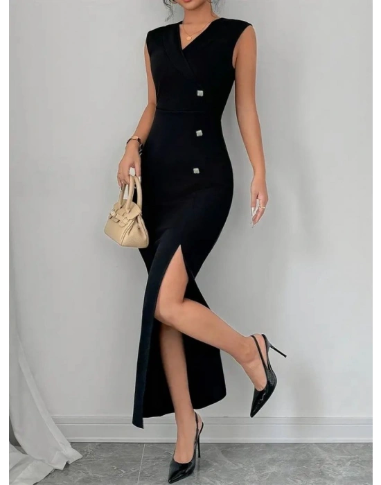 Kadın Kruvaze Yakalı Yandan Düğmeli Yırtmaç Detaylı Uzun Ithal Krep Elbise