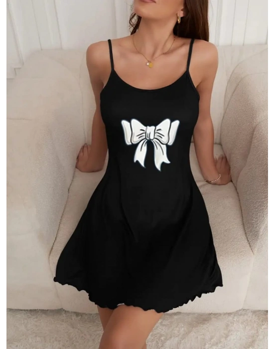 Kadın Kurdela Baskılı Askılı Viskon Gecelik