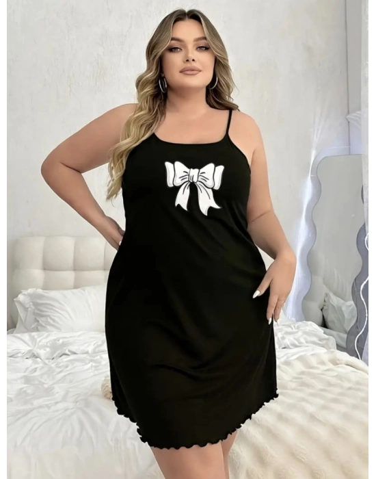 Kadın Kurdela Baskılı Askılı Viskon Gecelik