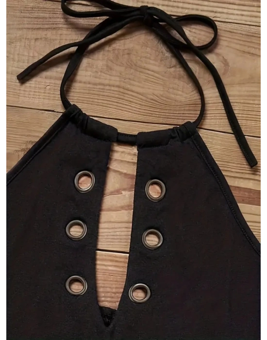 Kadın Kuş Gözü Ve Dekolte Detay Boyundan Bağlamalı Viskon Bluz