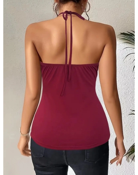 Kadın Kuş Gözü Ve Dekolte Detay Boyundan Bağlamalı Viskon Bluz