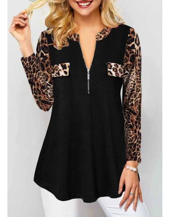 Kadın Leopar Desen Fermuar Detay Viskon Kumaş Bluz