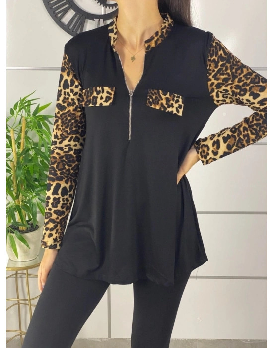 Kadın Leopar Desen Fermuar Detay Viskon Kumaş Bluz