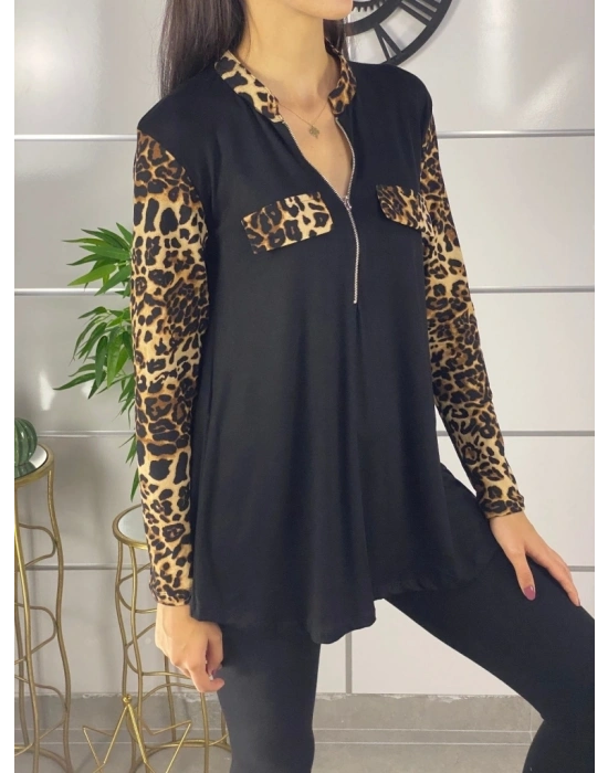 Kadın Leopar Desen Fermuar Detay Viskon Kumaş Bluz