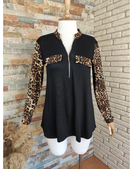 Kadın Leopar Desen Fermuar Detay Viskon Kumaş Bluz
