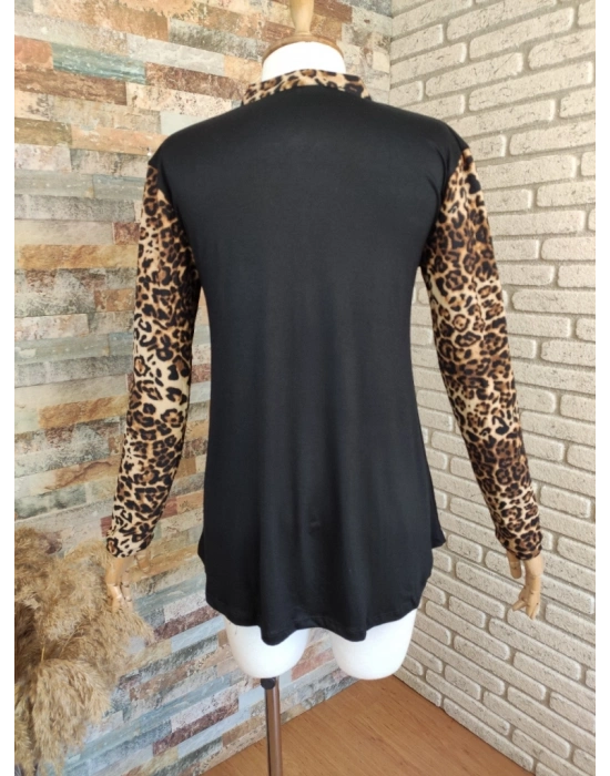 Kadın Leopar Desen Fermuar Detay Viskon Kumaş Bluz