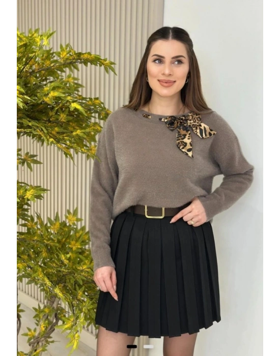 Kadın Leopar Desen Flar Detay Bisiklet Yaka Triko Kazak