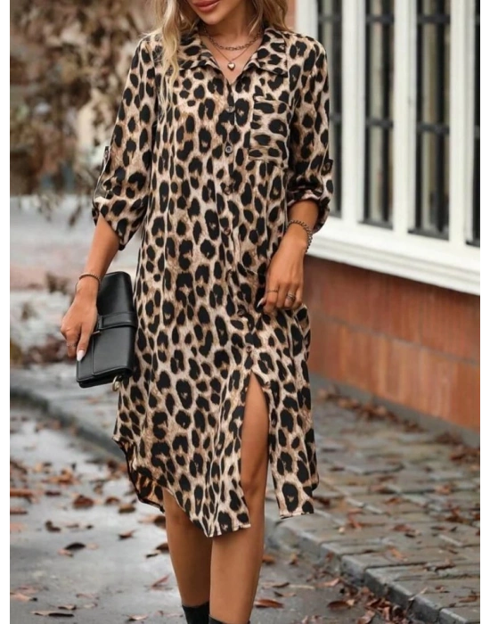 Kadın Leopar Desenli Cep Detay Kolu Manşetli Moskrep Gömlek Elbise