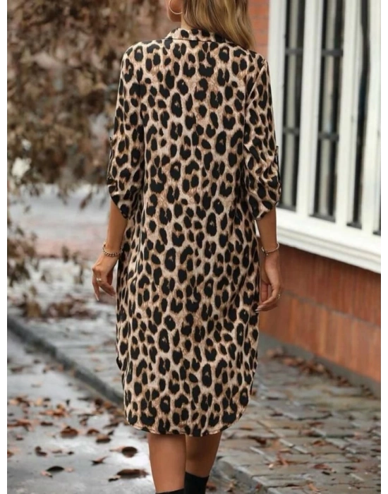 Kadın Leopar Desenli Cep Detay Kolu Manşetli Moskrep Gömlek Elbise