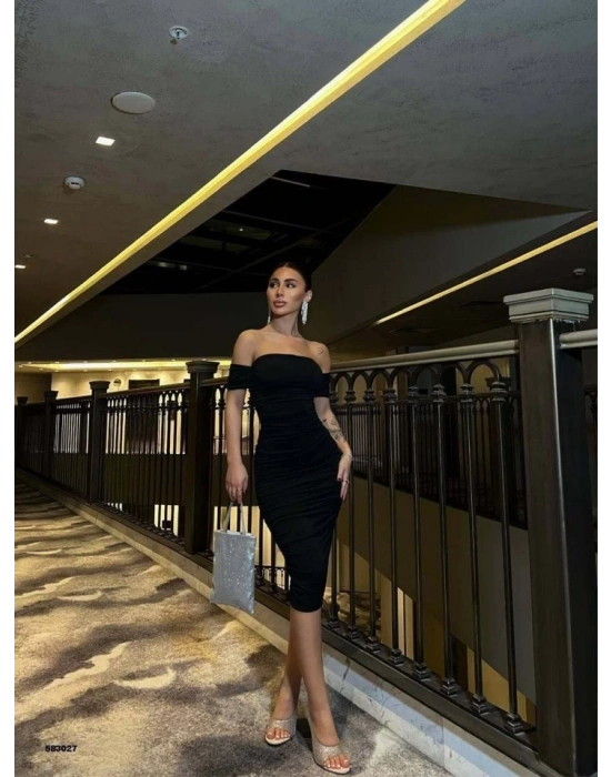 Kadın Madonna Yaka Sandy Kumaş Büzgü Detay Midi Boy Elbise