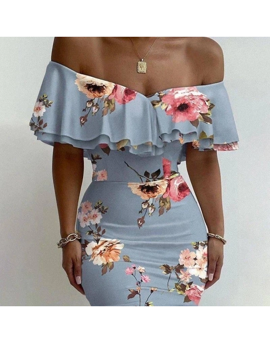 Kadın Madonna Yaka çiçek Baskılı Volan Detay Kalem Elbise